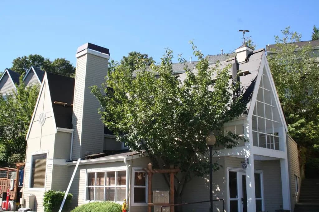 Modern gray house with large windows, chimney, and lush greenery under a clear blue sky.